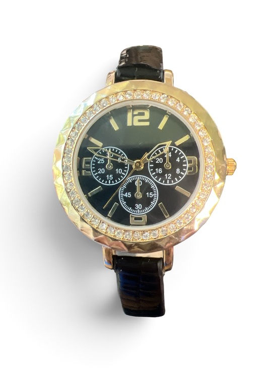Accessories - Women’s Gold Tone Rhinestone Black Multi Dial Faux Leather Quartz Watch Glam Y2K